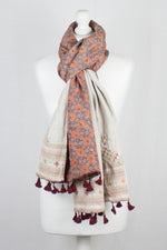 Double Sided Ajrakh Print Silk and Woolen Embroidered Scarf - Orange Off White