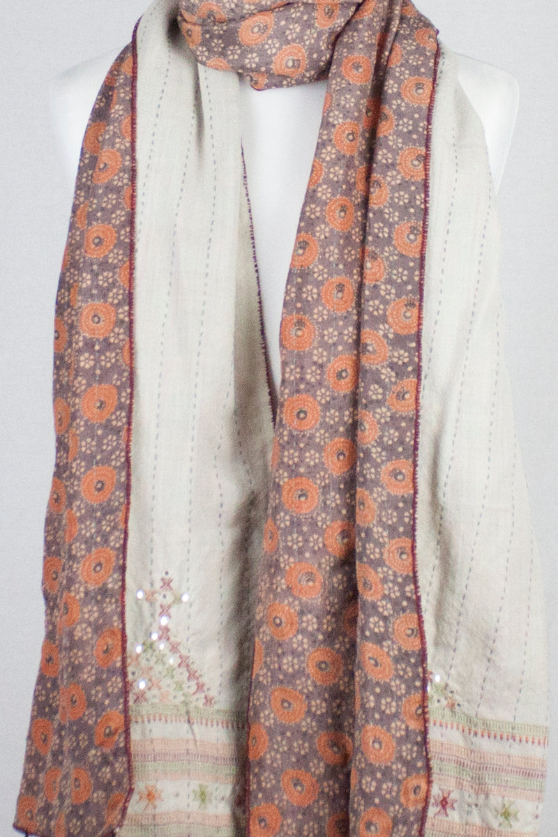 Double Sided Ajrakh Print Silk and Woolen Embroidered Scarf - Orange Off White