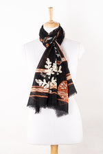 SVEZE Floral Print with Woolen Embroidery Merino Wool Scarf - Black - Regular Drape