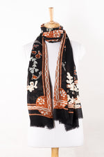 SVEZE Floral Print with Woolen Embroidery Merino Wool Scarf - Black - Alternate Drape