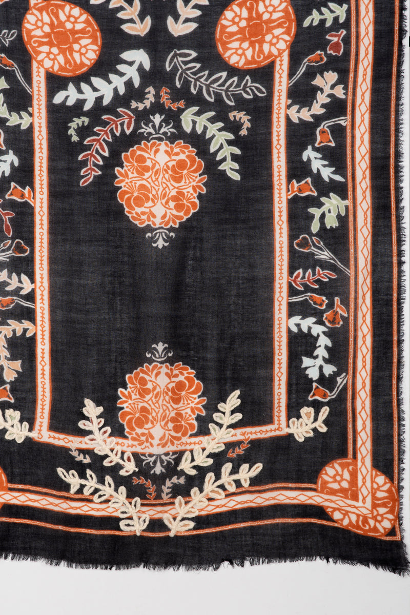 SVEZE Floral Print with Woolen Embroidery Merino Wool Scarf - Black - Flat Look