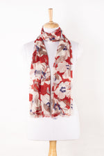 Sveze - Bold Floral Merino Wool Scarf - White Red - Regular Drape