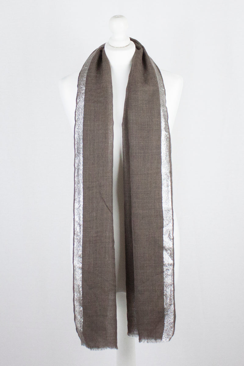 Twill Weave with Silver Lurex Border Merino Wool Scarf - Wood Brown