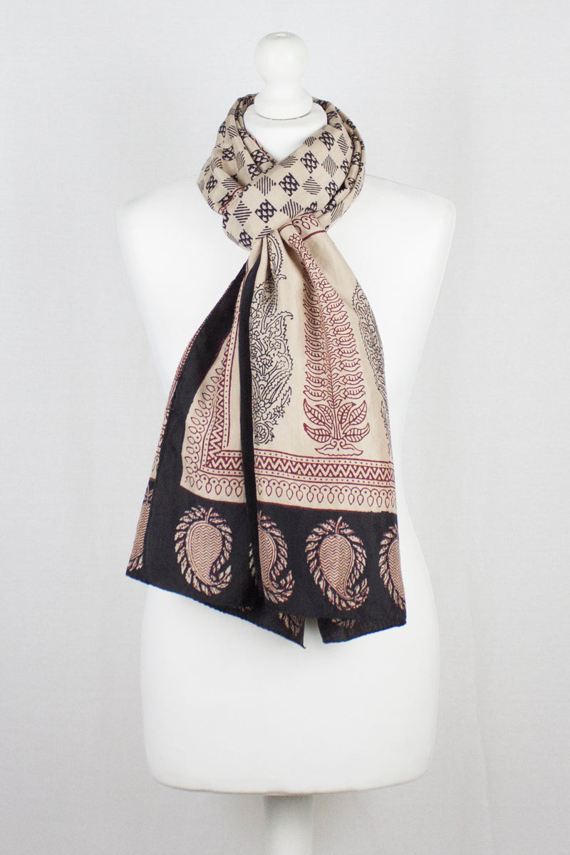 Checks Mesh Bagh Hand-block Print Silk Scarf - Black