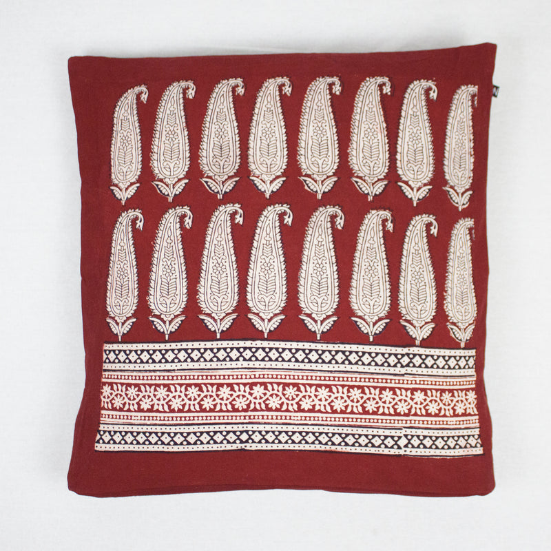 Long Paisley Bagh Hand Block Print Cotton Cushion Cover - Red