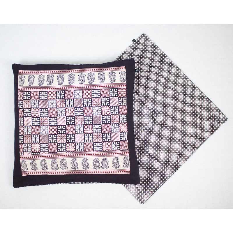 Checks Mix & Diamond Bagh Hand Block Print Cotton Cushion Cover - White Black Red
