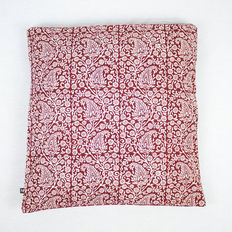 Paisley & Mushroom Bagh Hand Block Print Cotton Cushion Cover - Red