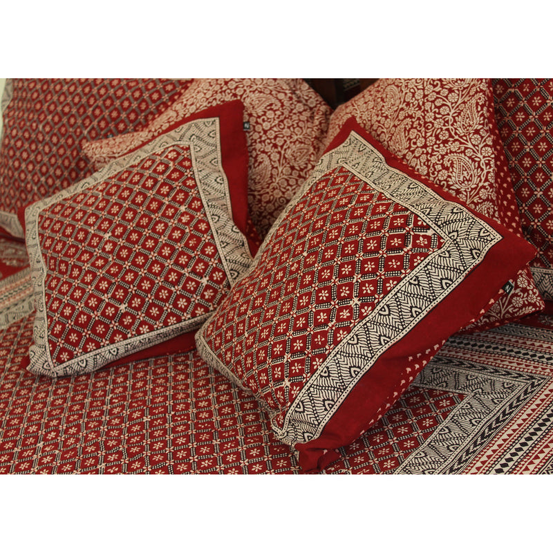 Flower Mesh & Mushroom Bagh Hand Block Print Cotton Cushion Cover - Red