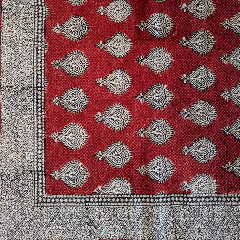 Traditional Paisley Jaal & Border Hand-block Print Rug - Red White