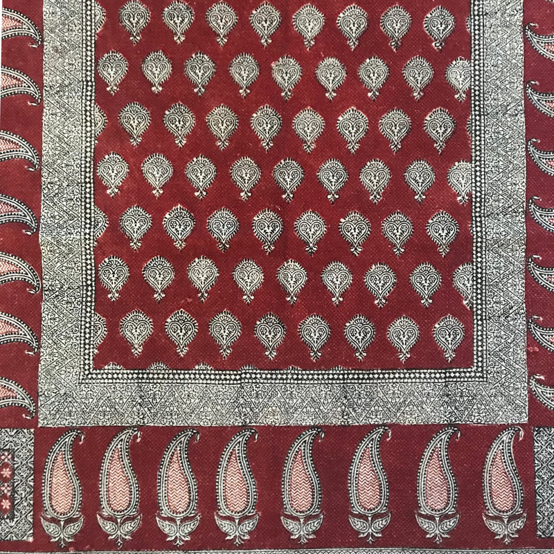 Traditional Paisley Jaal & Border Hand-block Print Rug - Red White