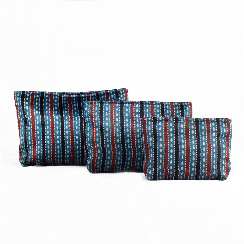Ajrakh Hand-block Print Pouch Set of 3 - Blue Black Stripes