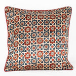 Sveze - Hand-block Print Geometric Flower Cushion Cover - Off - White Blue Red - Close-up Image