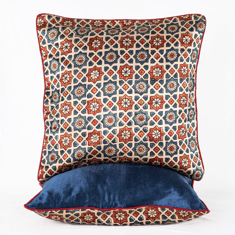 Sveze - Hand-block Print Geometric Flower Cushion Cover - Off - White Blue Red - Alternate Image