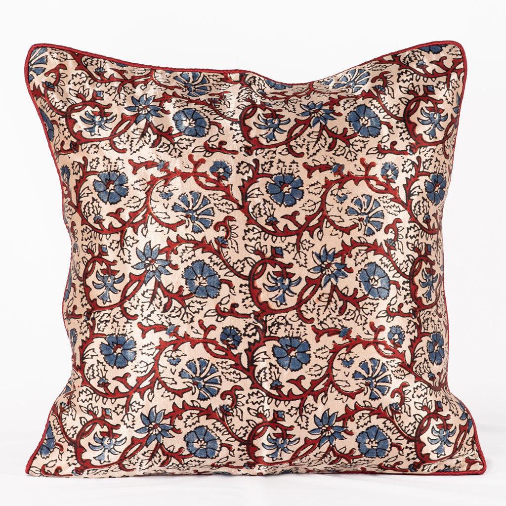 SVEZE Floral Vine Hand Block Print Mashru Silk Cushion Cover - Off-white Blue Red