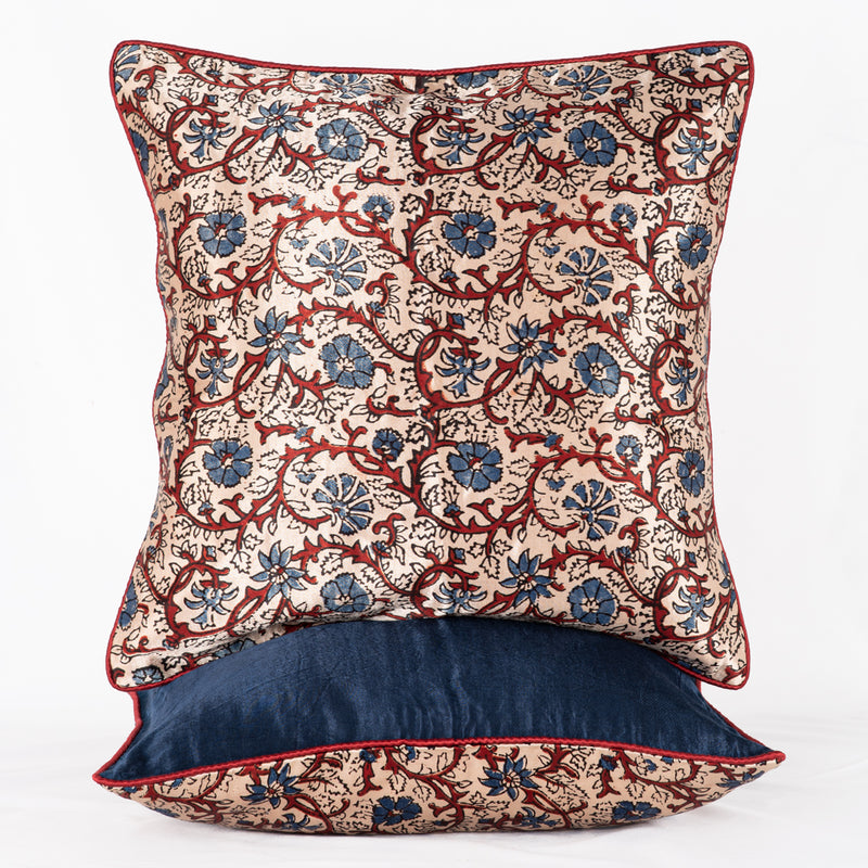 SVEZE Floral Vine Hand Block Print Mashru Silk Cushion Cover - Off-white Blue Red