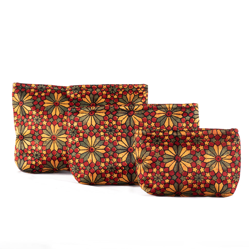Sveze - Hand-block Print Silk Travel Case Set of 3 - Red Yellow Green Geometric Floral - Product Image