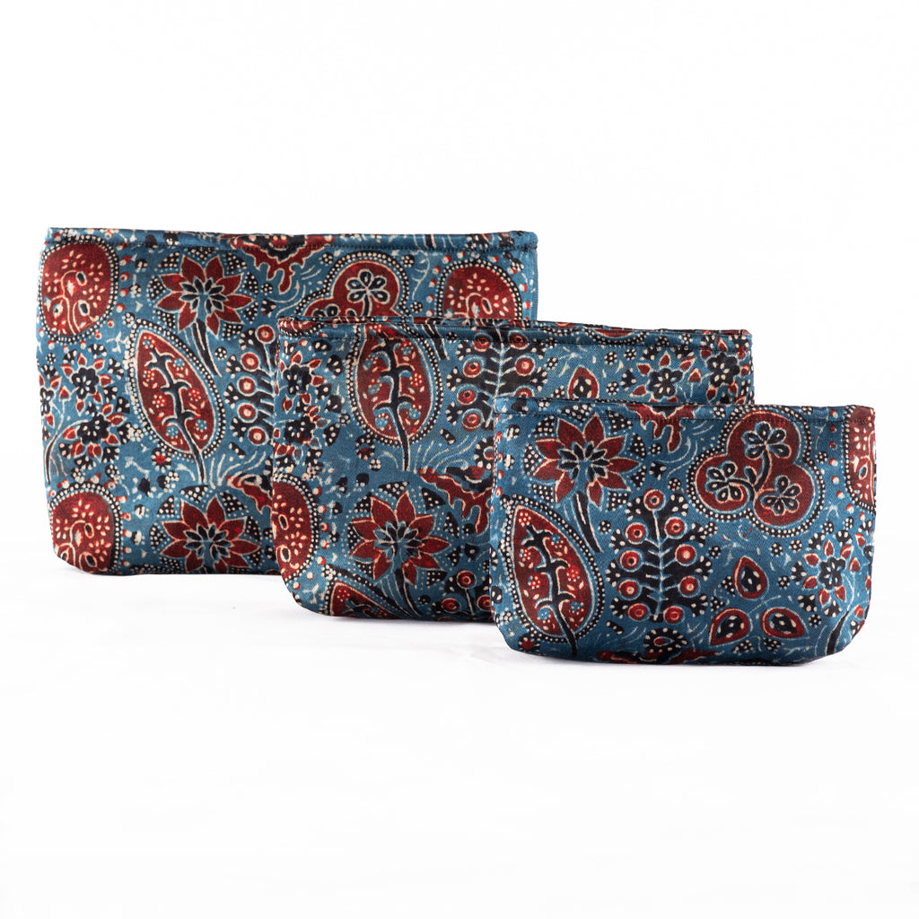 Sveze - Hand-block Print Silk Travel Case Set of 3 - Blue Red Black Floral - Product image