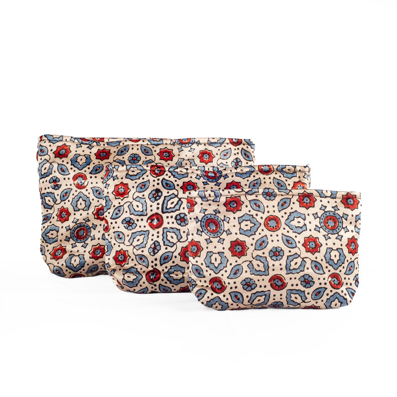 Ajrakh Hand-block Print Silk Travel Case - Set of 3 - Off-white Red Blue Floral