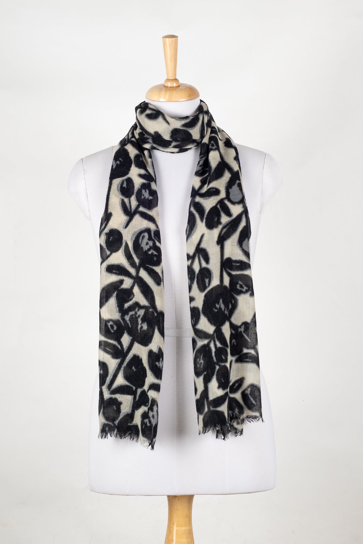 Buds and Flowers Merino Wool Scarf - Black White