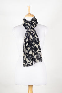 Buds and Flowers Merino Wool Scarf - Black White
