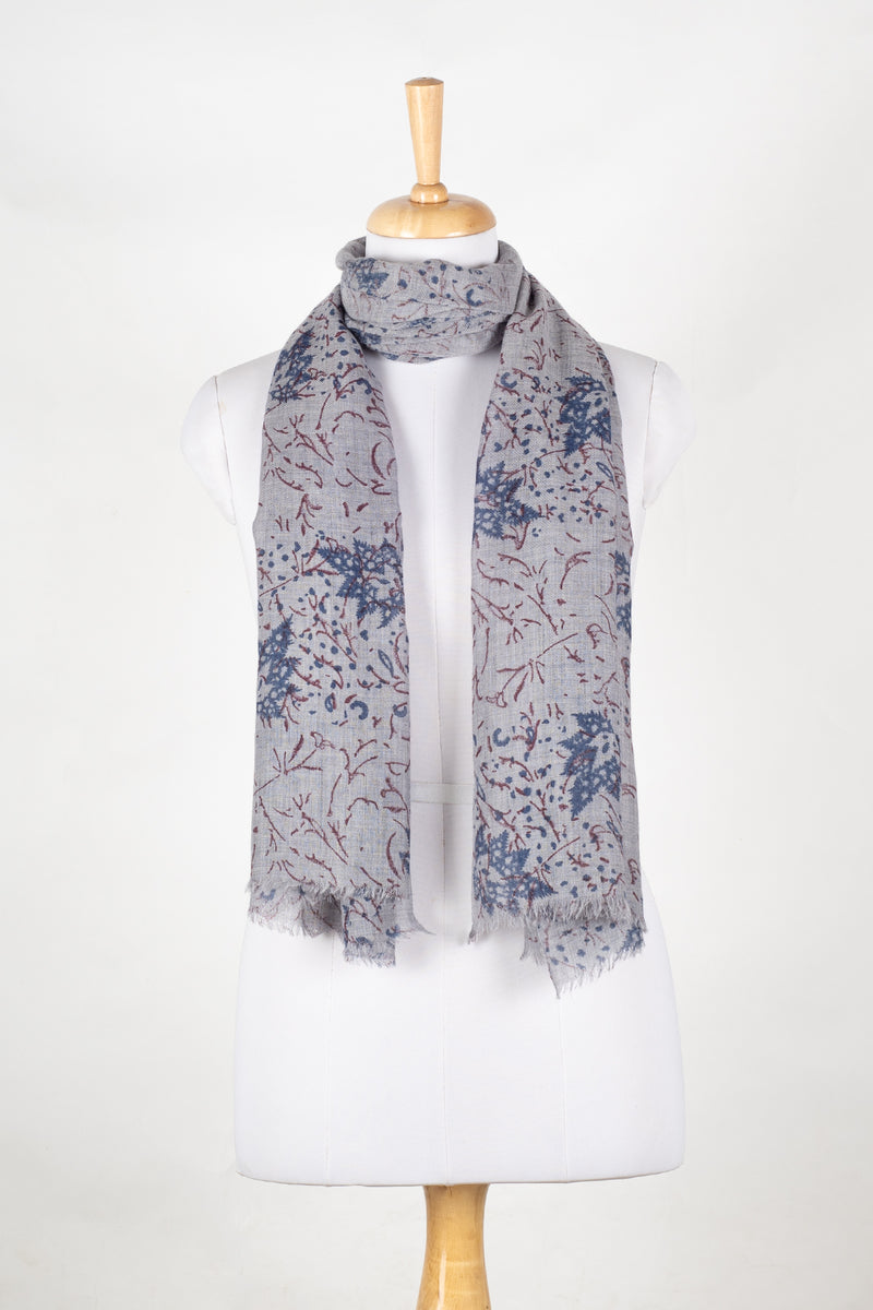 Leaves and Twigs Merino Wool Scarf - Grey