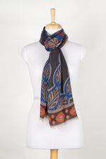 Indian Flower and Leaves Merino Wool Scarf - Grey Multicoloured