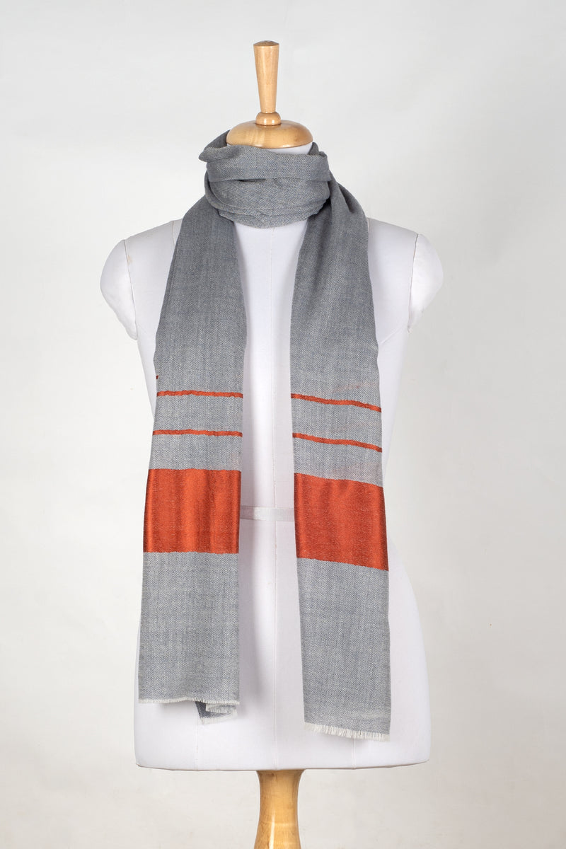 Border and Stripes Cashmere Wool Scarf - Grey Orange