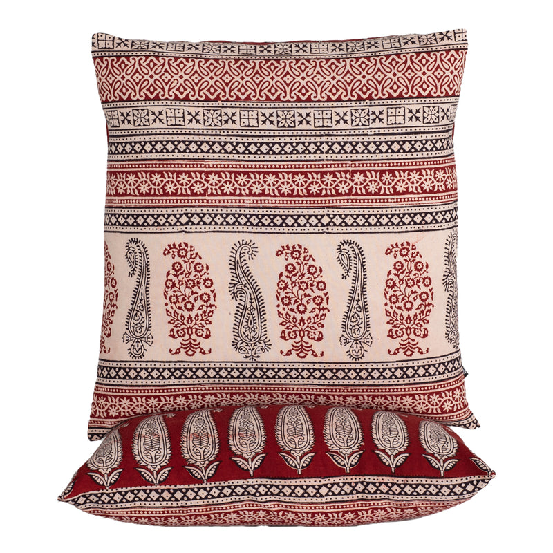 Paisley and Geometric Pattern Bagh Hand Block Print Cotton Cushion Cover - Red Black
