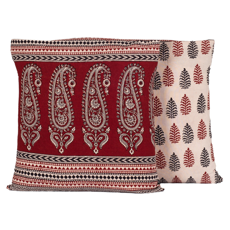 Paisley and Pine Bagh Hand Block Print Cotton Cushion Cover - Red Black