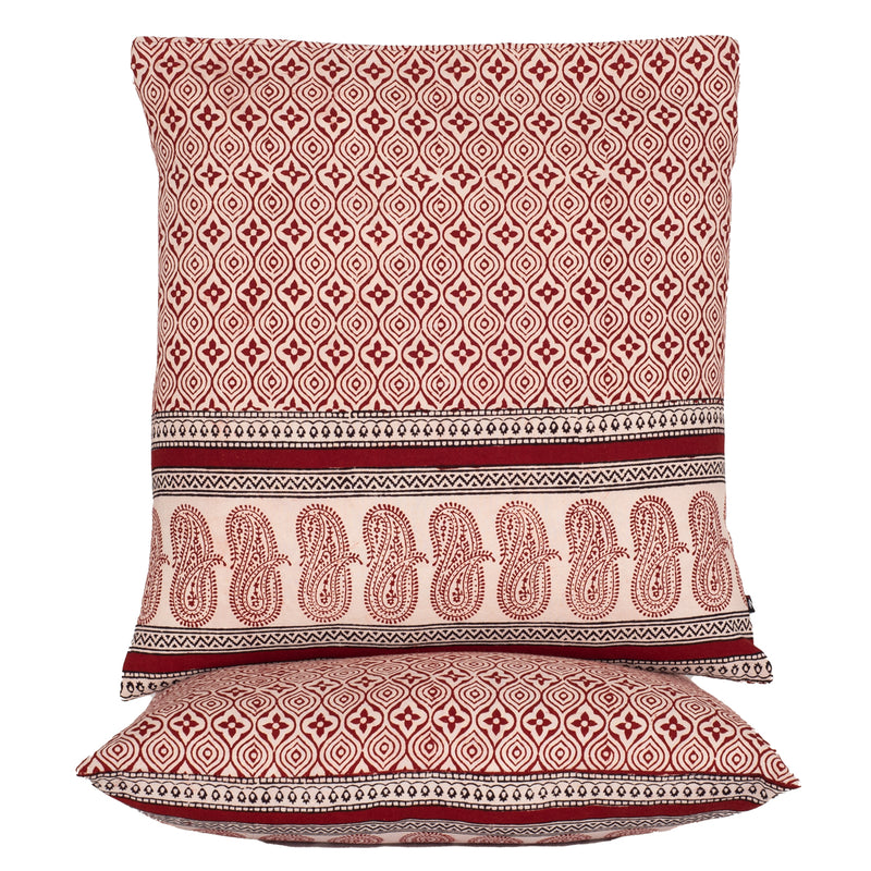 Geometric Pattern with Paisley Border Bagh Hand Block Print Cotton Cushion Cover - Red Black