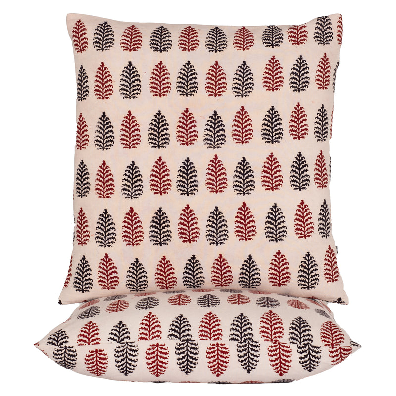 Pine Motif Bagh Hand Block Print Cotton Cushion Cover - Red Black