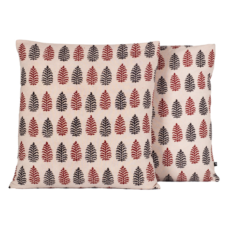 Pine Motif Bagh Hand Block Print Cotton Cushion Cover - Red Black