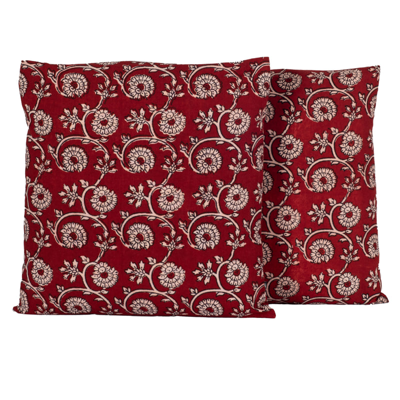 Floral Vine Bagh Hand Block Print Cotton Cushion Cover - Red