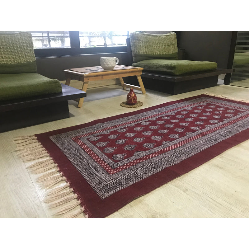 Paisley Jaal Hand-block Print Rug - Red White