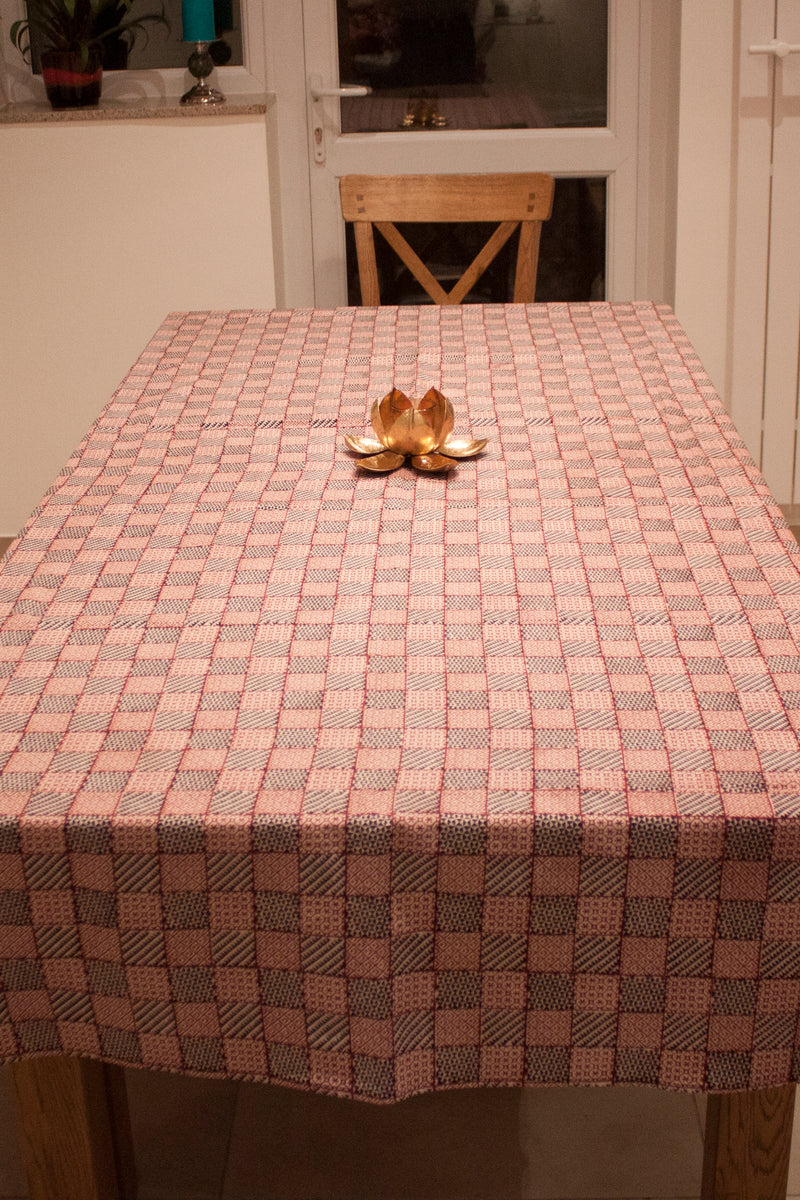 All Over Checks Mix Hand-block Print Table Cloth - White Red