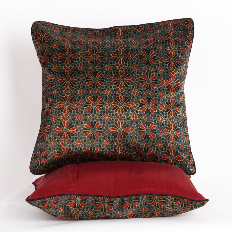 Geometric Flowers Hand Block Print Mashru Silk Cushion Cover - Red Black