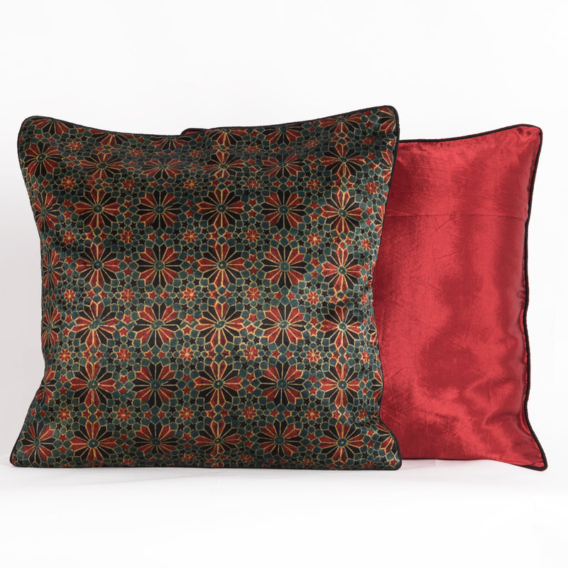Geometric Flowers Hand Block Print Mashru Silk Cushion Cover - Red Black