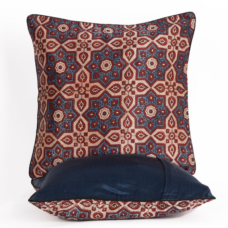 Ajrakh Hand-block Print Star Flower Cushion Cover - Blue Off-White