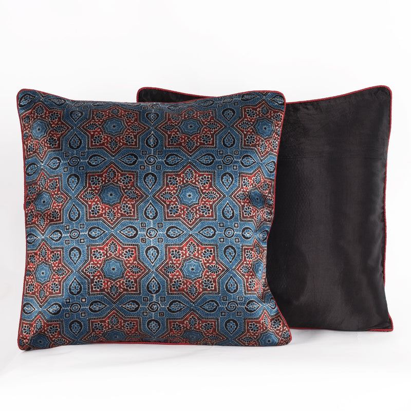Star Flower Hand Block Print Mashru Silk Cushion Cover - Red Blue