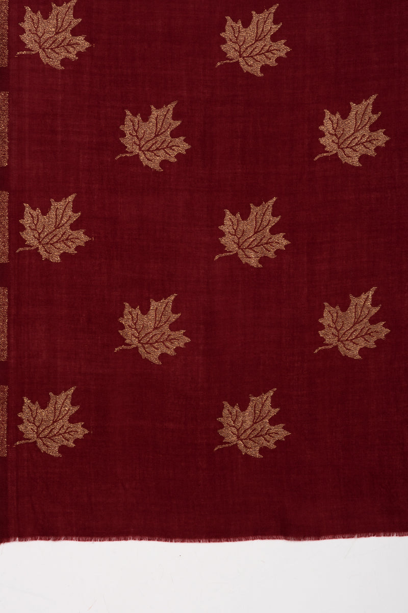 Gold Maple Leaf Cashmere Wool Scarf - Crimson